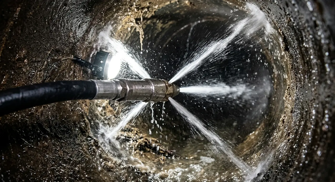 High-pressure hydro jetting nozzle cleaning sewer pipe for Emergency Drain Service in Machesney Park