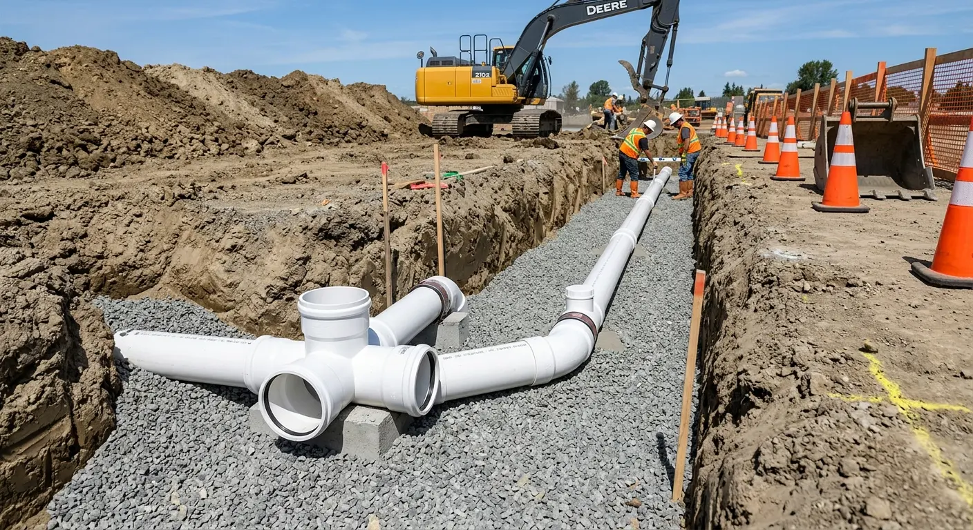 New PVC sewer pipe installation in open trench for Commercial Drain Cleaning in Machesney Park
