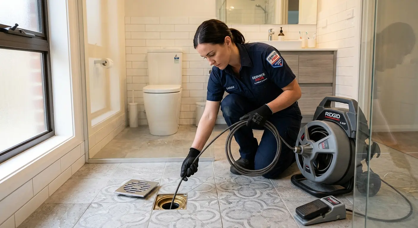 Technician clearing a bathroom floor drain for Drain Cleaning in Machesney Park